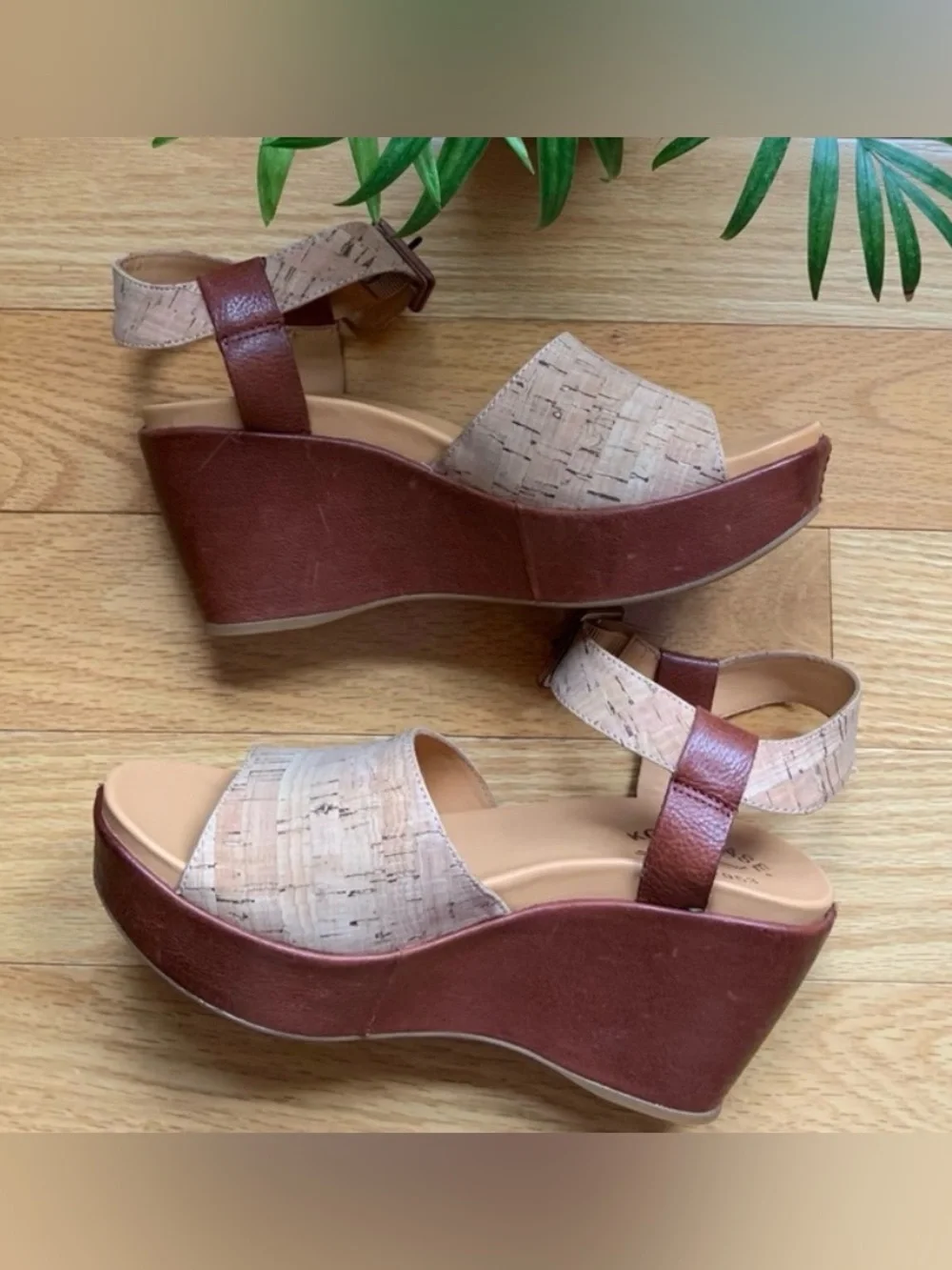 Kork-Ease Cork and Brown Leather Wedge Sandal